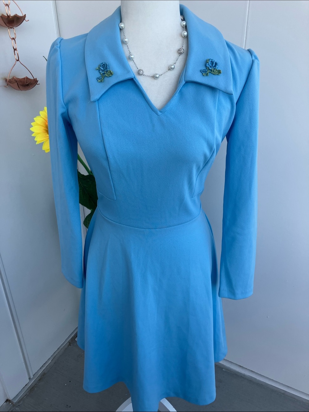 Vintage 60s 70s Monochrome Sky Blue Long Sleeve Dagger Collar Fit & Flare Dress - Picture 2 of 10